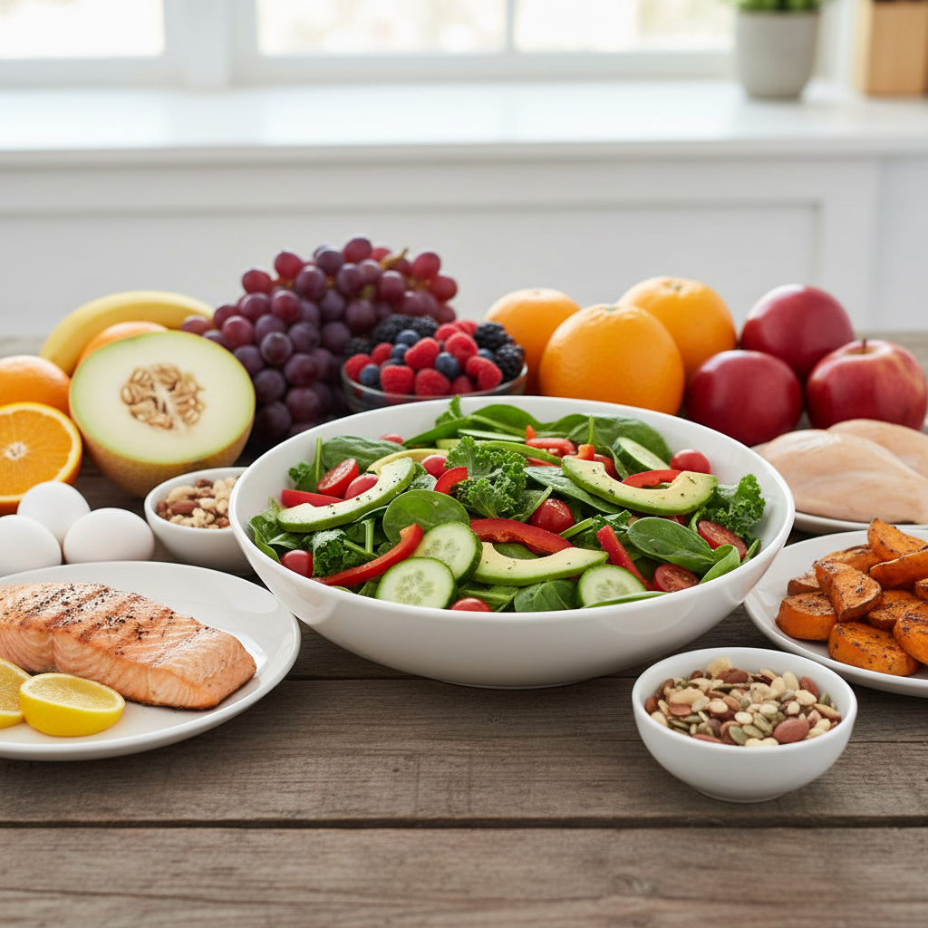 Makanan bergizi seperti sayuran, buah, dan protein alami